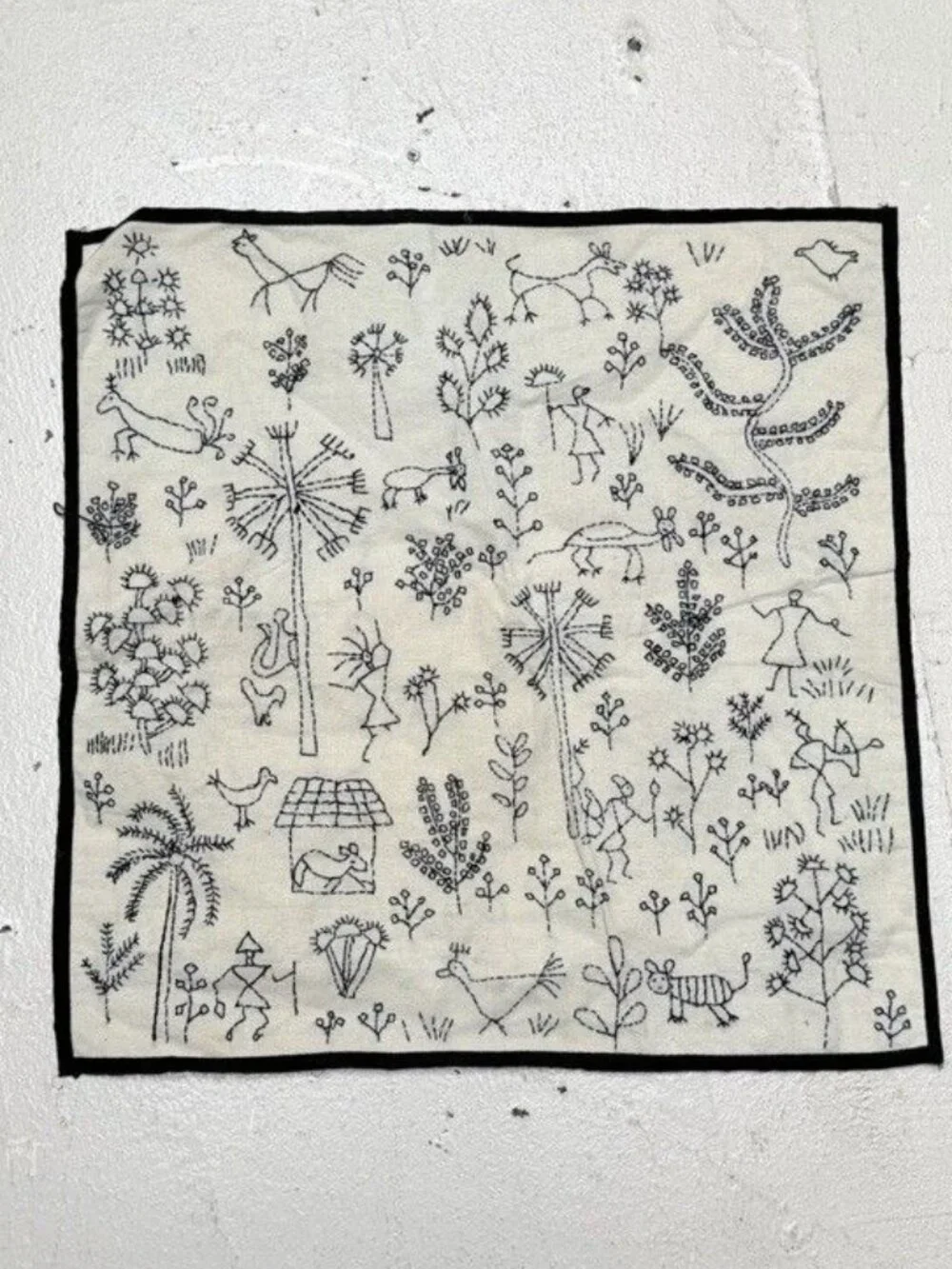 Hand Embroidered Square Pillow Cover Farmhouse People Animals Trees Floral Black